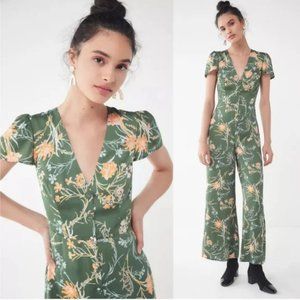 Urban Outfitters UO green floral cap sleeve button down satin Matilda jumpsuit